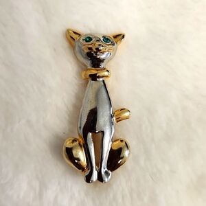 Cat Brooch Gold & Silver Tone Green Rhinestone Eyes Vintage MCM Cat Brooch.